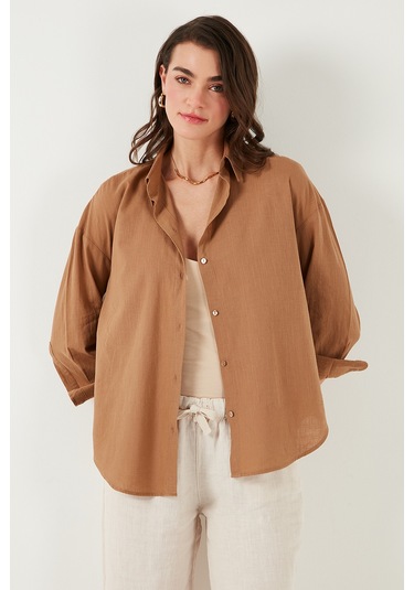 Lela Pamuklu Regular Fit Uzun Kollu Düz Bayan Gömlek Cf25S168305 Camel