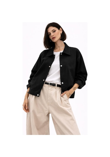 Kadın Oversize Basic Gabardin Mevsimlik Polo Yaka Ceket-385 Siyah