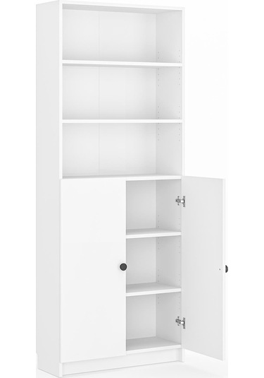 Bili Kitaplık 5 Raflı 2 Kapaklı Çok Amaçlı Ofis Salon Kitap Dosya Rafı Beyaz Beyaz