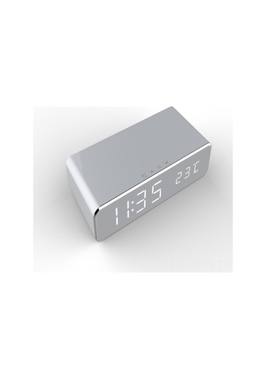 Neevoyu Gümüş Yansımalı Led Dijital Masa Saati - Sıcaklık Ölçer Ve Kablosuz Şarj Fonksiyonu İle Çok Amaçlı Masaüstü Aleti