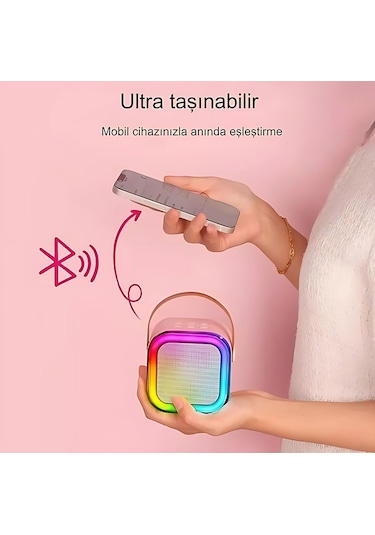 Rgb Işıklı Kablosuz Mikrofonlu Taşınabilir Bluetooth Hoparlör Kar