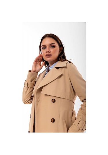 Pastelastore %100 Pamuk Gabardin Midi 95cm Astarlı Kemerli Kadın Trençkot 1113 Açık Bej