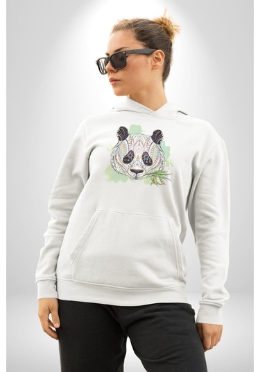 Panda Mandala Kadın Erkek Beyaz Kapüşonlu Sweatshirt Hoodie Beyaz