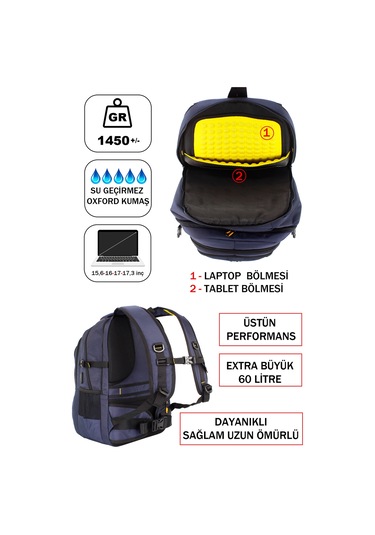 Dada 09 17,3 inç Lacivert Laptop Sırt Çantası 60 Litre Usb Typc-E Aparat Darbe Emici Koruma