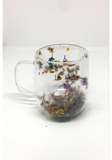 Lebron Isıya Dayanıklı Borosilikat Çift Cidarlı Kurutulmuş Canlı Çiçekli Kupa Çok Renkli