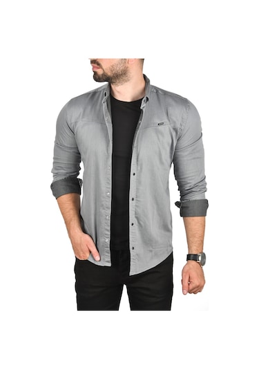 Deepsea Erkek Gri Slim Fit Pamuklu Kot Gömlek Kolay Ütülenebilir Çıt Çıtlı Likralı Spor Gömlek 2502504 Gri