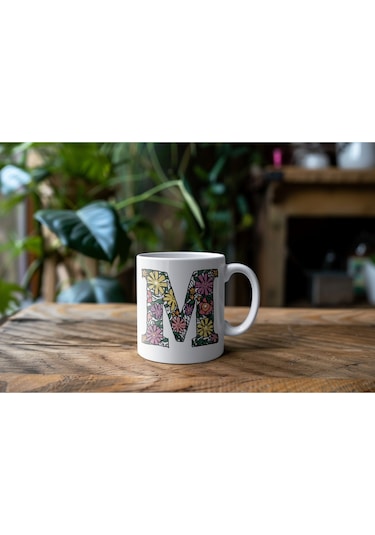 M Baş Harf Çiçek Desenleri İle Natural Tarz Kupa Bardak - Kişiye Özel Çiçekli Kahve Çay Bardak - Beyaz