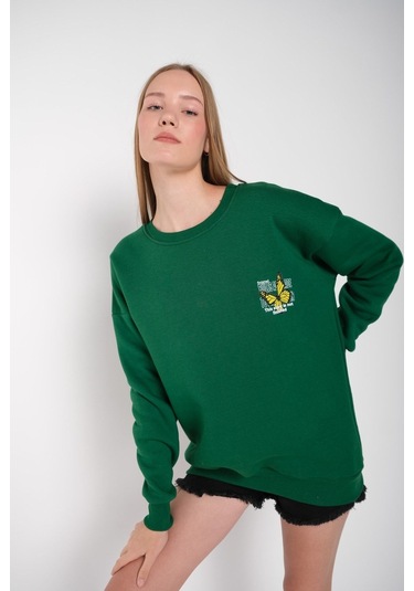 Modagen Kadın Yeşil Kelebek Baskılı Bisiklet Yaka Oversize Sweatshirt Yeşil
