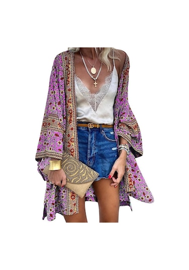 Kadın Yaz Önü Açık Hırka Bohem Tatil Bikini Cover Up Hırka Kimono Dış Giyim Mor
