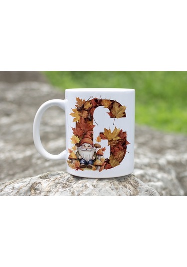G Harf Sonbahar Yaprak Temalı Kupa Bardak - Sevimli Figürler İle Alfabe Harfli Bardak - Kişiye Özel Beyaz