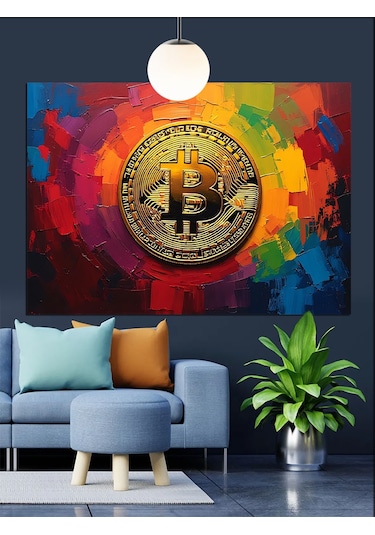Renkli Fonda Bitcoin Sembolü Dekoratif Kanvas - Mdf Ahşap Tablo