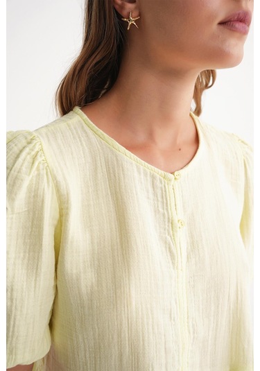 4713 Kadın Beli Büzgülü Kolu Lastikli Bol Müslin Bluz Pastel Sarısı Pastel Sarısı