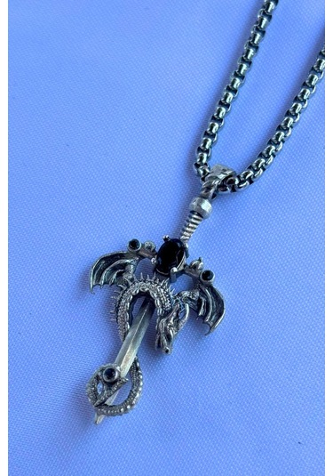 Taşlı Ejderha Kılıcı El İşçiliği Paslanmaz Çelik Zincir Erkek Kolye Gümüş