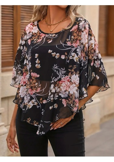 Modasize Kadın Kısa Kollu Yuvarlak Yaka Çiçek Baskılı Asimetrik Kesim Şifon Bluz Siyah