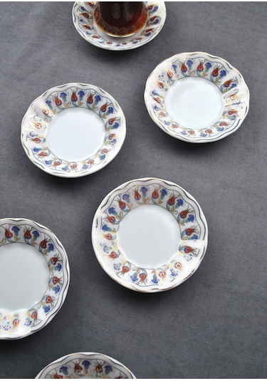 Qualitev 6 Adet Porselen Çay Tabağı Ebruli Lale Çini Motifli Çay Tabak 10 Cm Mavi