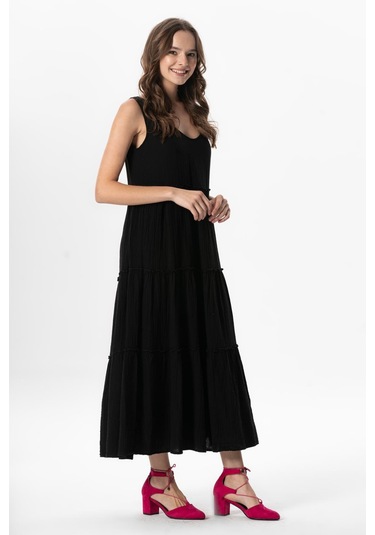 Kolsuz Artemis Oval Yaka Yıldız Baskılı Midi Boy Müslin Yazlık Elbise Siyah Syh Siyah