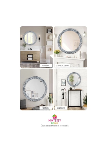 Safir Gümüş Dekoratif Ayna Yuvarlak Işlemeli Duvar Aynası 43 Cm Gümüş