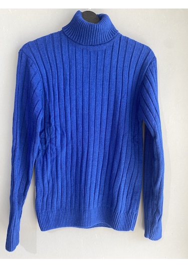 Martino Butik Unisex Balıkçı Yaka Triko Saks Mavi Kazak Saks