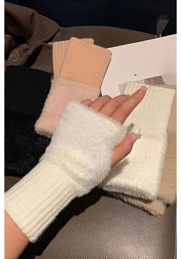 Kadın 1 Çift Kışlık Parmaksız Termal Esnek Polarlı Peluş Eldiven Beyaz