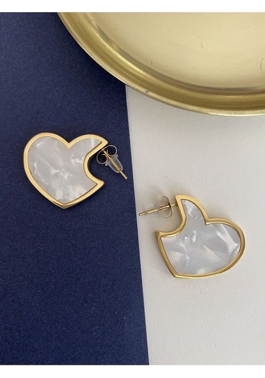 Mineli Kalp Çelik Kararmaz Küpe Çifti Altın