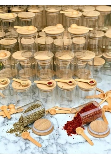 Bambu Kapaklı Cam Baharatlık Ve Kaşık Seti 6 Adet Ahşap Kaşıklı Şeffaf
