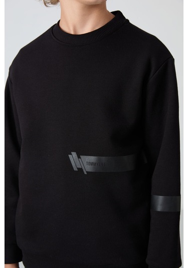 Tommy Life Siyah Pamuklu Kalın İçi Tüylü Yumuşak Dokulu Standart Fit Baskılı Erkek Çocuk Sweatshirt - 11238 Siyah