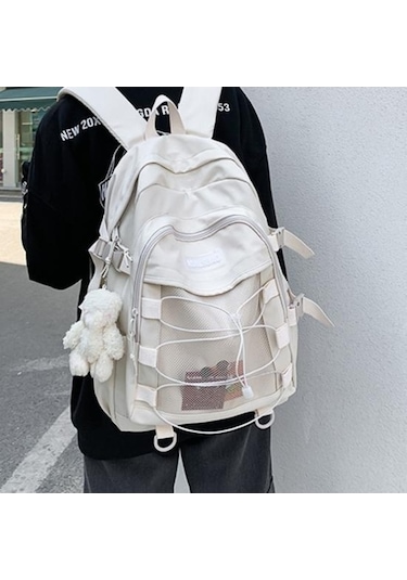 Novahub Bej Kore Tarzı Lise Sırt Çantası - Genç Kızlar İçin Moda Ve Konfor Bej