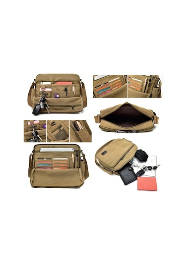 Moda Kanvas Çok Bölmeli Postacı Omuz Çantası D6661 Kahverengi