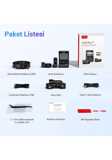 Viofo A229 Plus 3 Kameralı Ön-iç-arka 2k+2k+1080p Hdr Sony Starvis 2 Wifi Gps Li Araç Kamerası