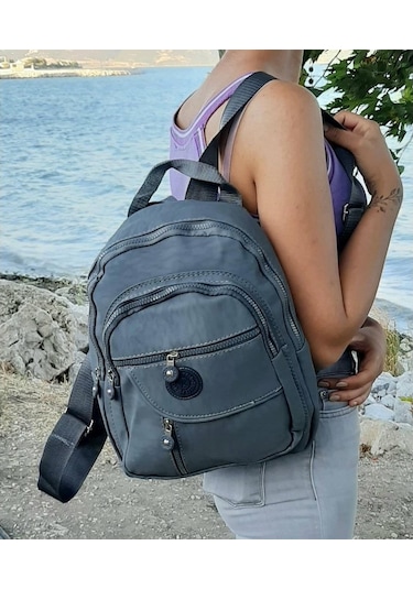 Fiyra S1 Gri Renk Krinkıl Kumaş Dört Bölmeli Bayan Sırt Çantası-Gri-Std