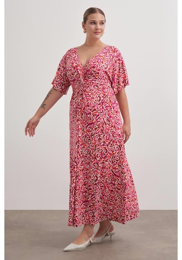 Önü Düğümlü Örme Elbise-1844 Pembe