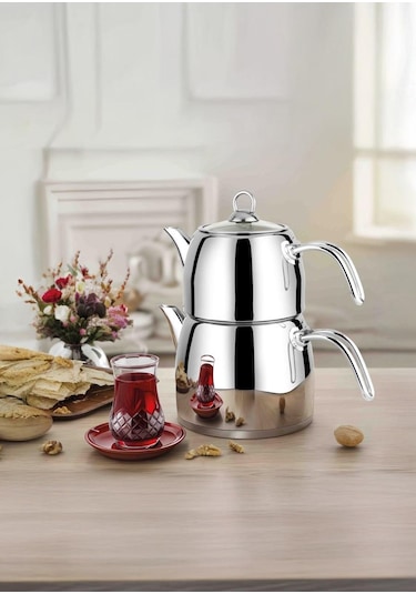 Regno Çaydanlık Seti - 304 Paslanmaz Çelik Çaydanlık Takımı - 4.5+2.5 L Gümüş