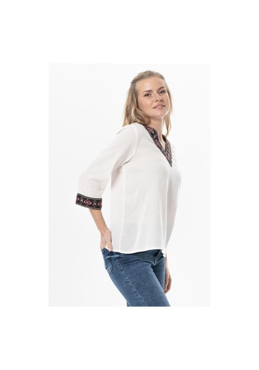 Truvakar Kol V Yaka Nakışlı Talya Şile Bezi Yazlık Bluz Krem Krm-krem