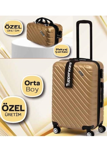 Orta Boy Valiz Ve Makyaj Çantası Set Bej