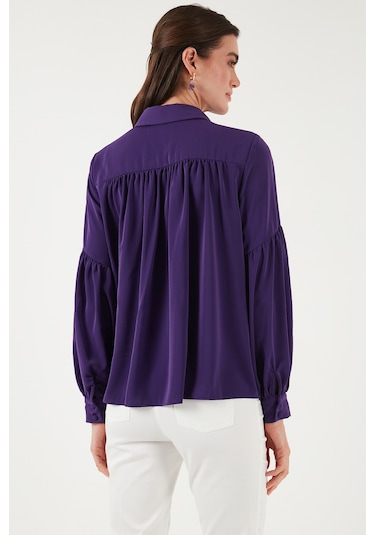 Lela Regular Fit Dikiş Detaylı Düz Yaka Balon Kol Bayan Gömlek 611Go00003 Mor