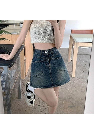 Spice Girls A-kesim Denim Etek Kadın Yaz Yırtmaçlı Cepli Yüksek Bel Kalça Saran Yarım Boy Vintage Etek Mavi