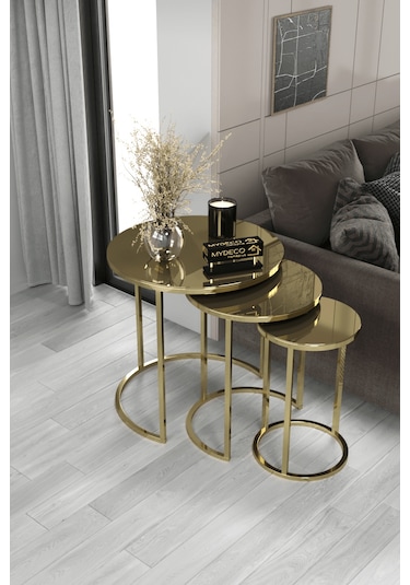 3'lü Zigon Sehpa Gold Ayak Bronz Ayna