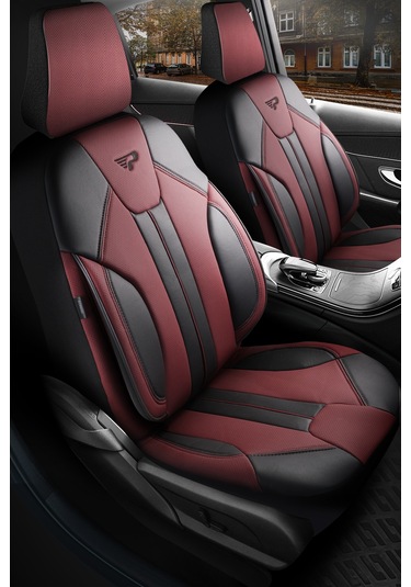 Bordo - Siyah Panda Carlone Serisi Ful Deri Oto Koltuk Kılıfı - Tam Set