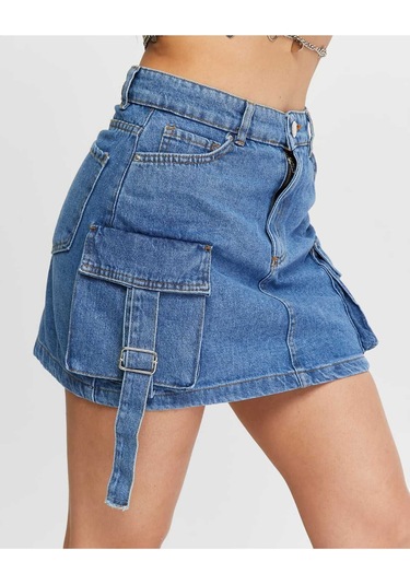 Shevega Kadın Mavi Korük Kargo Cepli Kot Etek Mavi