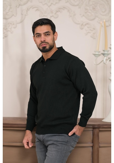 Woolen World Polo Yaka Düz Renk Yünlü Erkek Triko Kazak Siyah