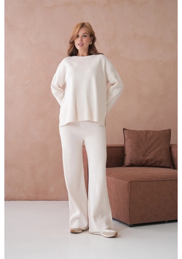 Kadın Bisiklet Yaka Düşük Kol Kazak Pantolon İkili Triko Takım Taş