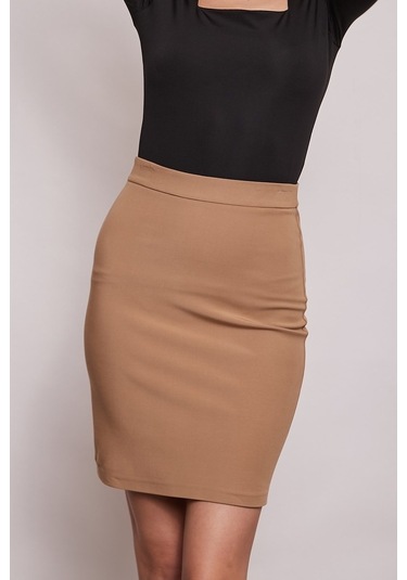 Yüksek Bel Diz Üstü Şık Kumaş Kalem Etek-Camel