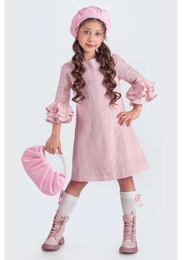 Pudra Valon Kesim Şapkalı-çantalı Elbise Pudra