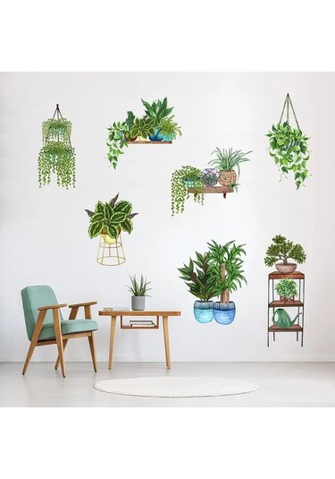 Saksılı Çiçek Tasarımlı Yapışkanlı Sticker 5060 Çok Renkli