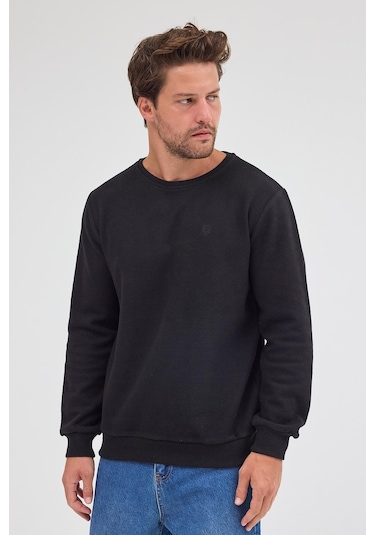Comeor Erkek Siyah Standart Fit Normal Kesim Pamuklu Basic Bisiklet Yaka Sweatshirt Siyah