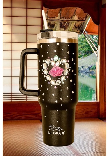 Pipetli 1,2 Litre Kulplu Çelik Termos Renkli Üzeri Taş İşlemeli - Siyah Siyah