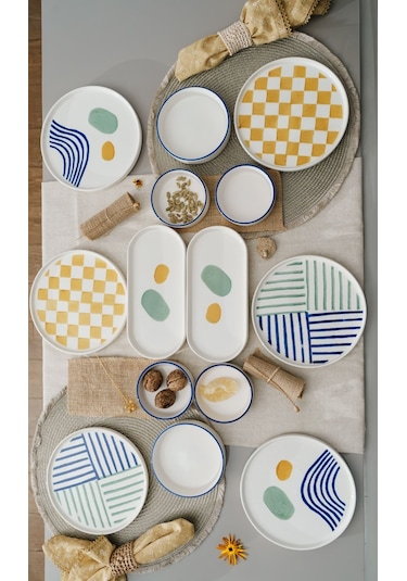 Kevin Seramik Modern Hand Made 14 Parça 6 Kişilik Lüxs Kahvaltılık Sunum Tabağı Seti Mavi - Sarı - Yeşil