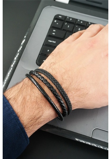 Erkek Hakiki Örme Deri Kombin 3'lü Bileklik Manyetik Klipsli-3457 Siyah