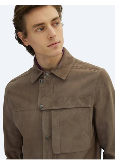 Vizon Gömlek Yaka Smart Casual Deri Mont Vizon