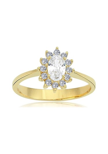 Gümüş Yüzük - 1.10 Karat Oval 0.24 Karat Swarovski Taşlı Anturajlı 925 Ayar Gümüş Hediyelik Yüzük Sarı